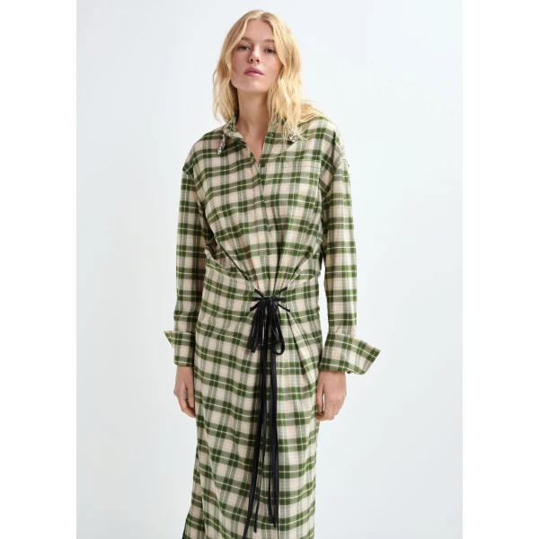 Essentiel Antwerp Beige and green checked oversized maxi dress with rhinestone-embellished collar, view 5