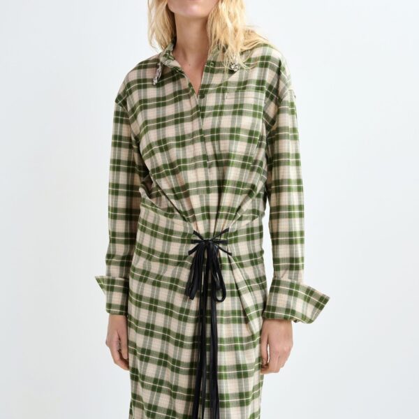Essentiel Antwerp Beige and green checked oversized maxi dress with rhinestone-embellished collar - Essentiel Antwerp Dresses - Colorful Belgian Design - Shop at Coveti