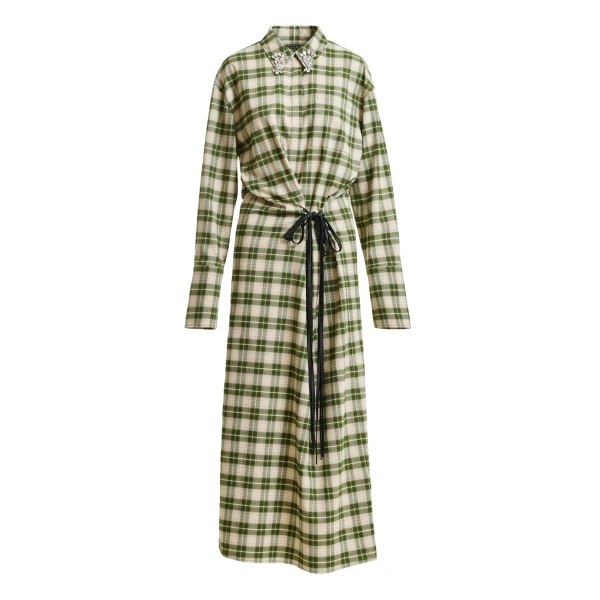 Essentiel Antwerp Beige and green checked oversized maxi dress with rhinestone-embellished collar - Essentiel Antwerp Dresses - Colorful Belgian Design - Shop at Coveti