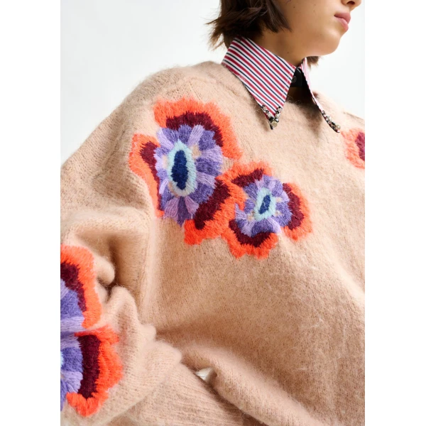 Essentiel Antwerp Beige and multicolor floral jacquard mohair-blend sweater, view 4