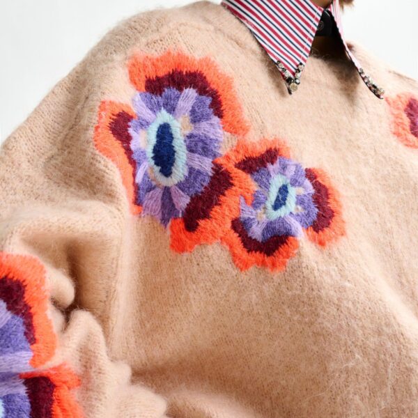 Essentiel Antwerp Beige and multicolor floral jacquard mohair-blend sweater - Essentiel Antwerp Jackets - Colorful Belgian Design - Shop at Coveti