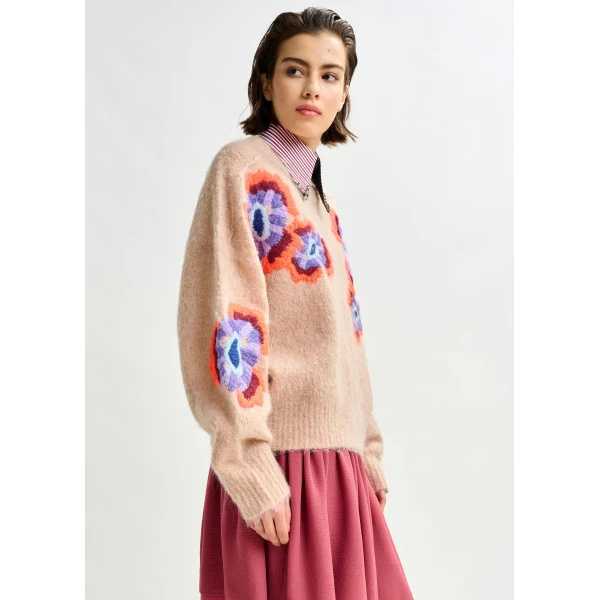 Essentiel Antwerp Beige and multicolor floral jacquard mohair-blend sweater, view 5