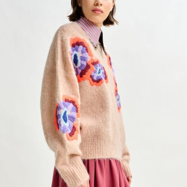 Essentiel Antwerp Beige and multicolor floral jacquard mohair-blend sweater - Essentiel Antwerp Jackets - Colorful Belgian Design - Shop at Coveti