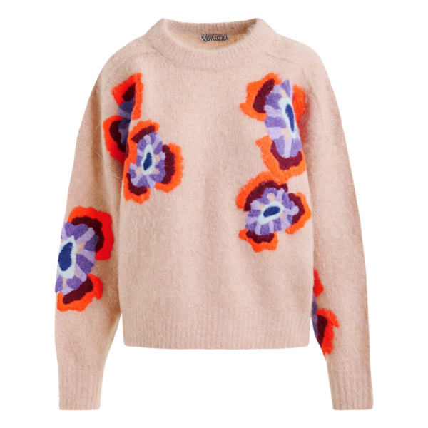 Essentiel Antwerp Beige and multicolor floral jacquard mohair-blend sweater - Essentiel Antwerp Jackets - Colorful Belgian Design - Shop at Coveti