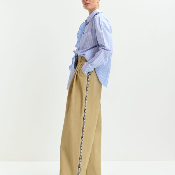 Essentiel Antwerp Beige rhinestone-trimmed pleated wide-leg pants - Essentiel Antwerp Pants - Colorful Belgian Design - Shop at Coveti