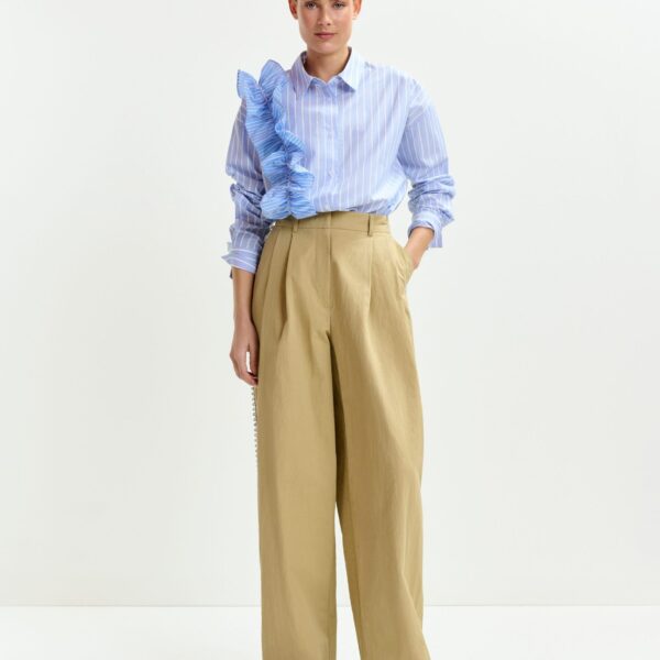 Essentiel Antwerp Beige rhinestone-trimmed pleated wide-leg pants - Essentiel Antwerp Pants - Colorful Belgian Design - Shop at Coveti