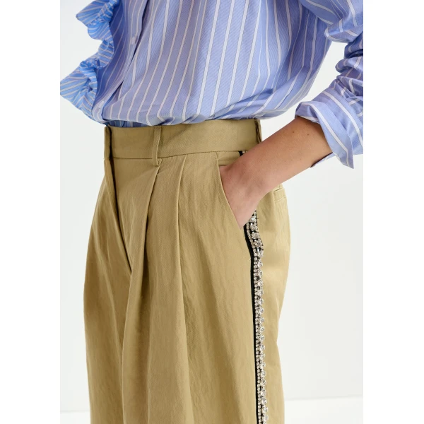 Essentiel Antwerp Beige rhinestone-trimmed pleated wide-leg pants, view 4