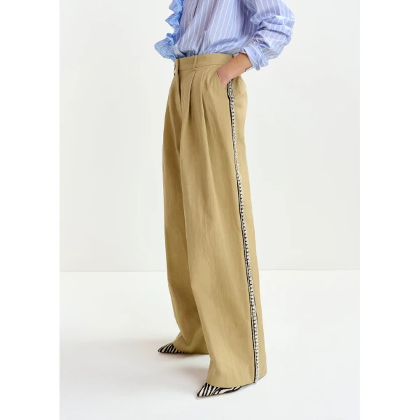 Essentiel Antwerp Beige rhinestone-trimmed pleated wide-leg pants, view 5