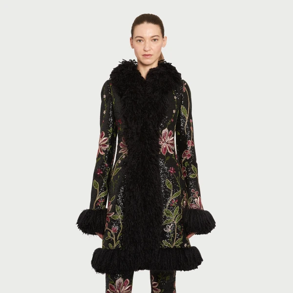 Giambattista Valli Black Flower Screen Mid-Length Coat - Giambattista Valli Coats - Romantic Couture - Shop at Coveti