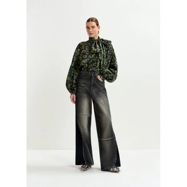Essentiel Antwerp Black and grey wide-leg contrast panel jeans, view 2