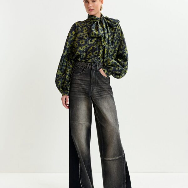 Essentiel Antwerp Black and grey wide-leg contrast panel jeans - Essentiel Antwerp Pants - Colorful Belgian Design - Shop at Coveti