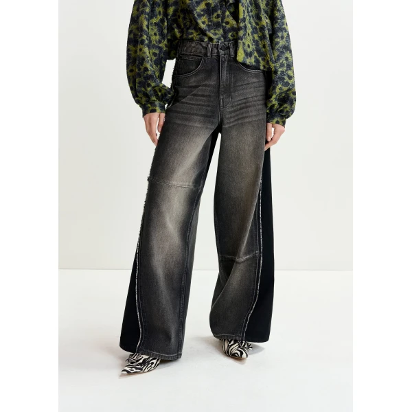 Essentiel Antwerp Black and grey wide-leg contrast panel jeans, view 3
