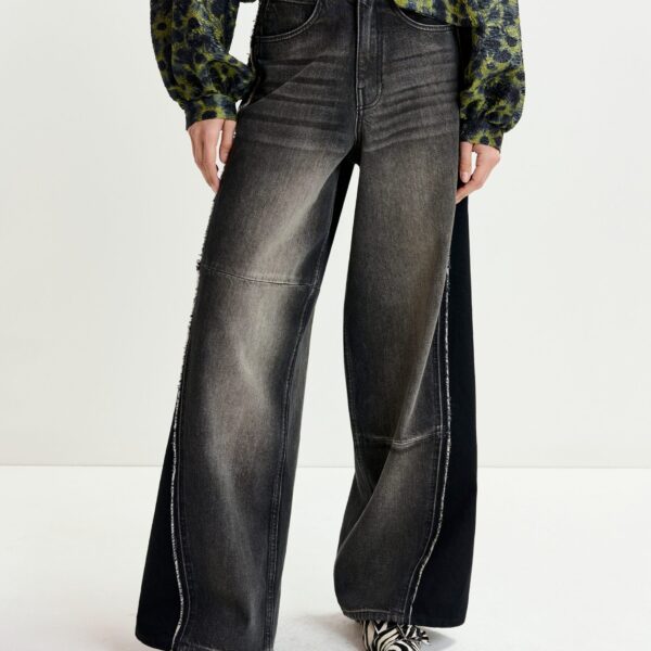 Essentiel Antwerp Black and grey wide-leg contrast panel jeans - Essentiel Antwerp Pants - Colorful Belgian Design - Shop at Coveti