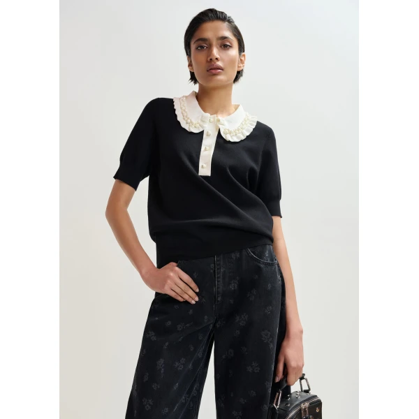 Essentiel Antwerp Black and off-white ruffle fine-knit polo top with bead embellishments, view 2