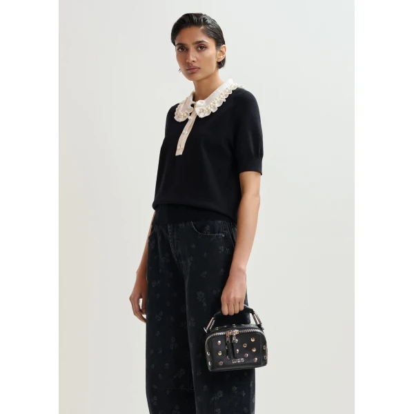 Essentiel Antwerp Black and off-white ruffle fine-knit polo top with bead embellishments, view 3