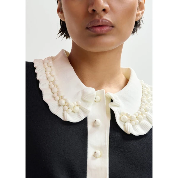 Essentiel Antwerp Black and off-white ruffle fine-knit polo top with bead embellishments, view 4