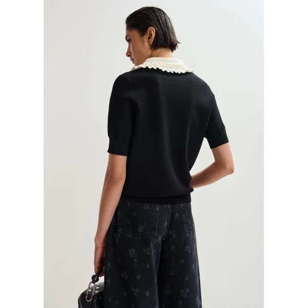 Essentiel Antwerp Black and off-white ruffle fine-knit polo top with bead embellishments, view 5