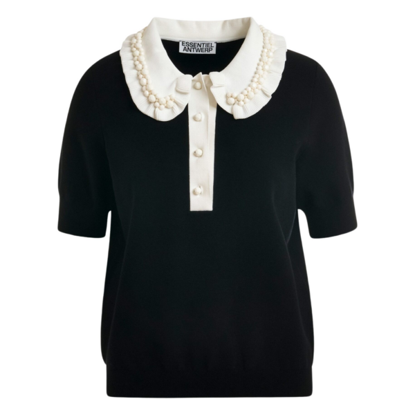 Essentiel Antwerp Black and off-white ruffle fine-knit polo top with bead embellishments - Essentiel Antwerp Tops - Colorful Belgian Design - Shop at Coveti