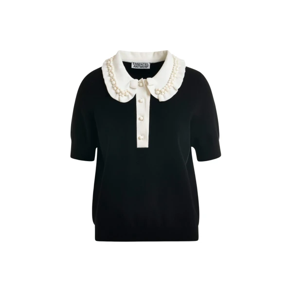 Essentiel Antwerp Black and off-white ruffle fine-knit polo top with bead embellishments - Essentiel Antwerp Tops - Colorful Belgian Design - Shop at Coveti