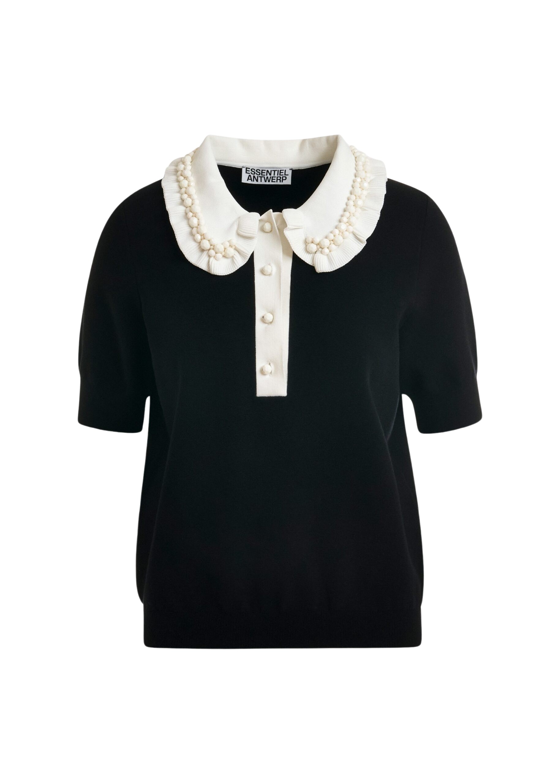 Essentiel Antwerp Black and off-white ruffle fine-knit polo top with bead embellishments - Essentiel Antwerp Tops - Colorful Belgian Design - Shop at Coveti