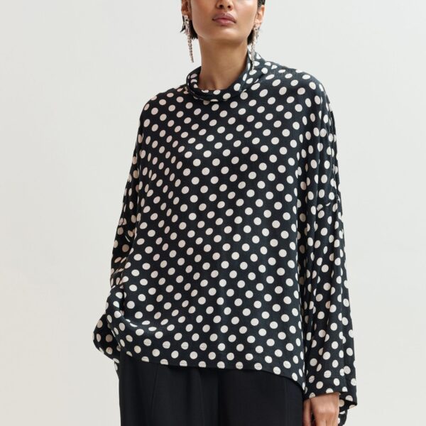 Essentiel Antwerp Black and white oversized polka-dot print top with high neck - Essentiel Antwerp Tops - Colorful Belgian Design - Shop at Coveti