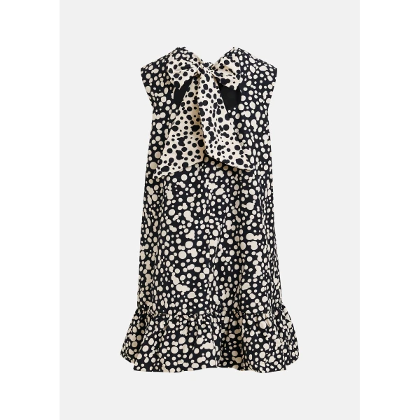 Essentiel Antwerp Black and white ruffled mini dress with open-back and bow detail, view 2