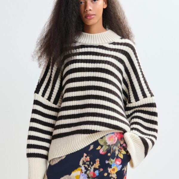 Essentiel Antwerp Black and white striped alpaca wool-blend ribbed-knit sweater - Essentiel Antwerp Knitwear - Colorful Belgian Design - Shop at Coveti