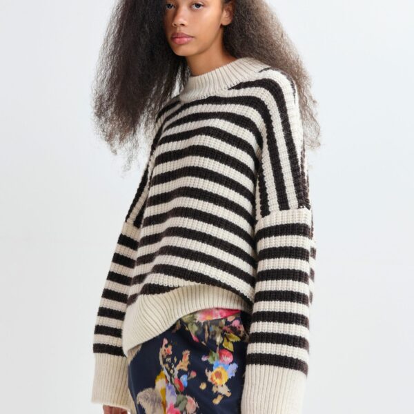 Essentiel Antwerp Black and white striped alpaca wool-blend ribbed-knit sweater - Essentiel Antwerp Knitwear - Colorful Belgian Design - Shop at Coveti