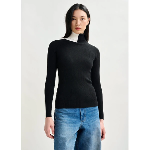 Essentiel Antwerp Black and white two-tone wool-blend turtleneck sweater, view 3