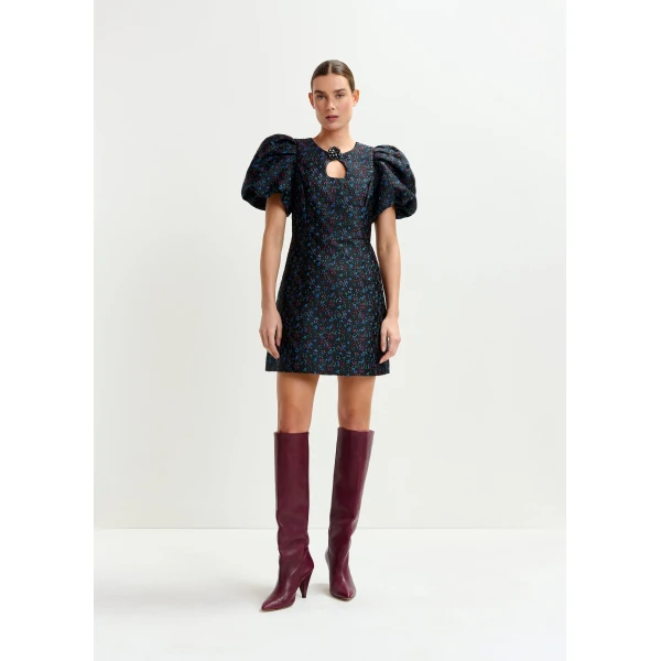Essentiel Antwerp Black, blue and red floral puff-sleeve mini dress with cut-out detail, view 2