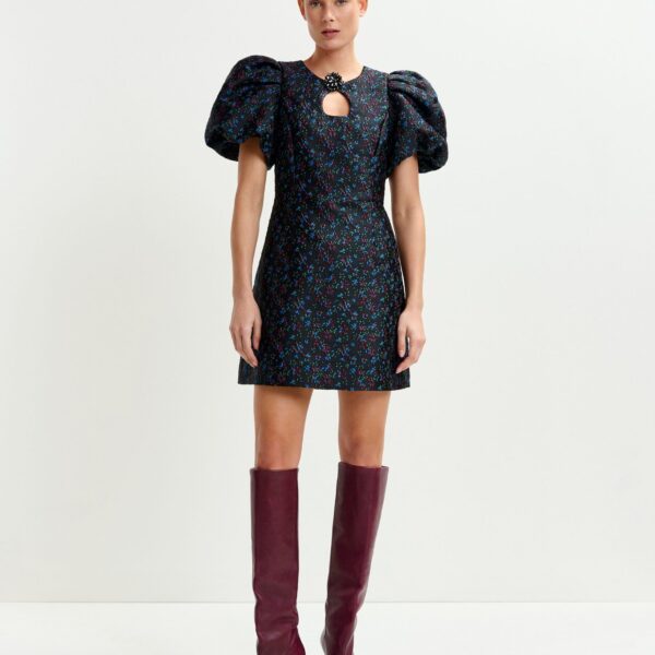 blue and red floral puff-sleeve mini dress with cut-out detail - Essentiel Antwerp Dresses - Colorful Belgian Design - Shop at Coveti