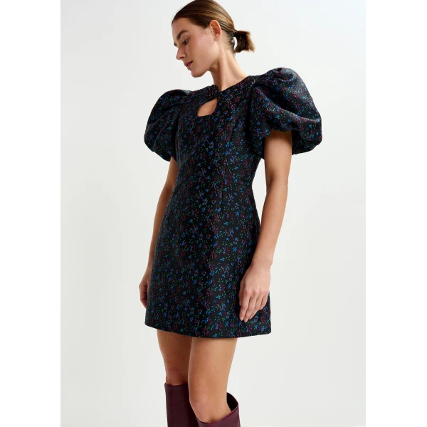 Essentiel Antwerp Black, blue and red floral puff-sleeve mini dress with cut-out detail, view 4