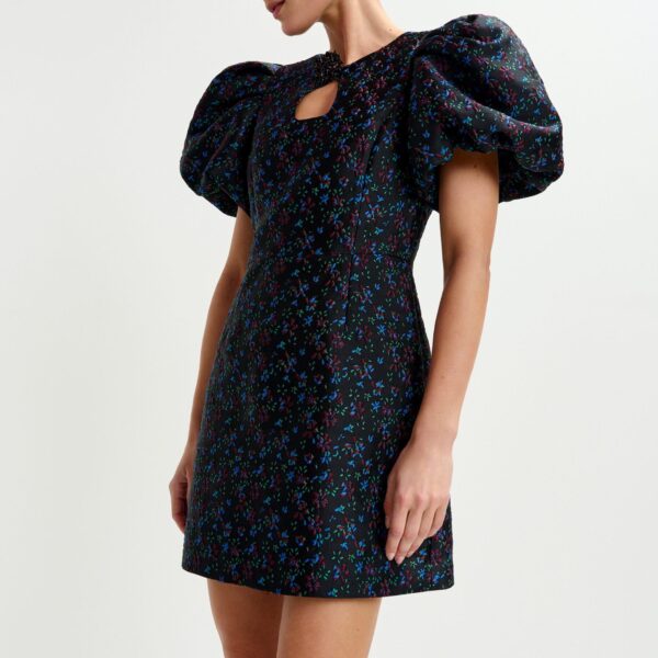 blue and red floral puff-sleeve mini dress with cut-out detail - Essentiel Antwerp Dresses - Colorful Belgian Design - Shop at Coveti