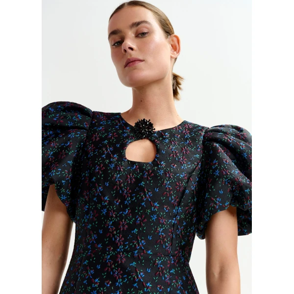 Essentiel Antwerp Black, blue and red floral puff-sleeve mini dress with cut-out detail, view 5