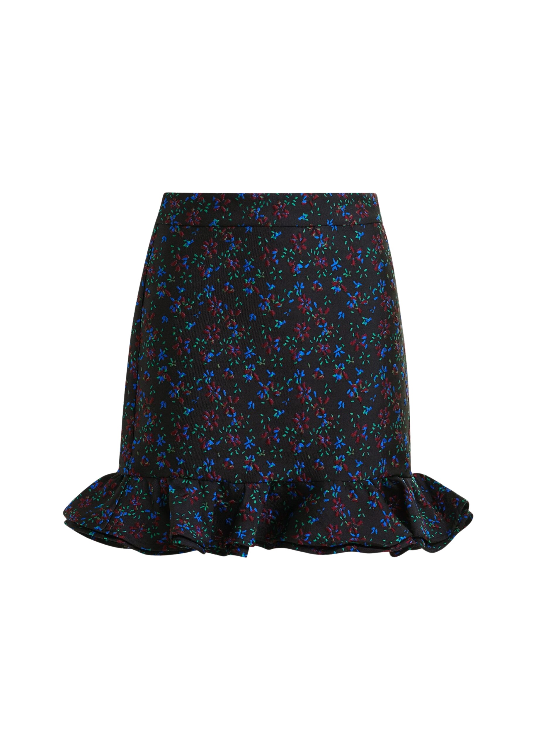 Essentiel Antwerp Black, blue and red floral ruffled mini skirt