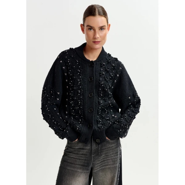 Essentiel Antwerp Black cable-knit wool-blend cardigan with rhinestone embellishments, view 2