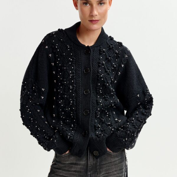 Essentiel Antwerp Black cable-knit wool-blend cardigan with rhinestone embellishments - Essentiel Antwerp Knitwear - Colorful Belgian Design - Shop at Coveti