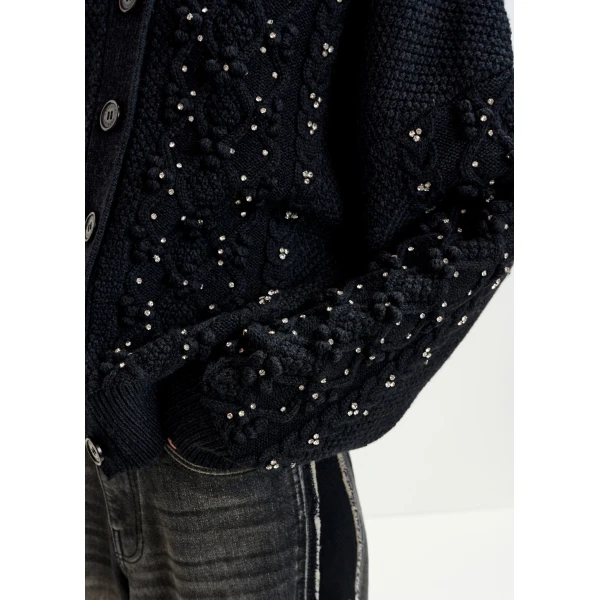 Essentiel Antwerp Black cable-knit wool-blend cardigan with rhinestone embellishments, view 3