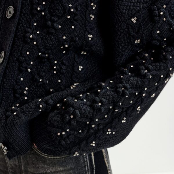 Essentiel Antwerp Black cable-knit wool-blend cardigan with rhinestone embellishments - Essentiel Antwerp Knitwear - Colorful Belgian Design - Shop at Coveti