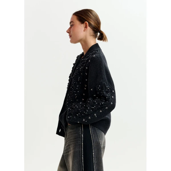 Essentiel Antwerp Black cable-knit wool-blend cardigan with rhinestone embellishments, view 4