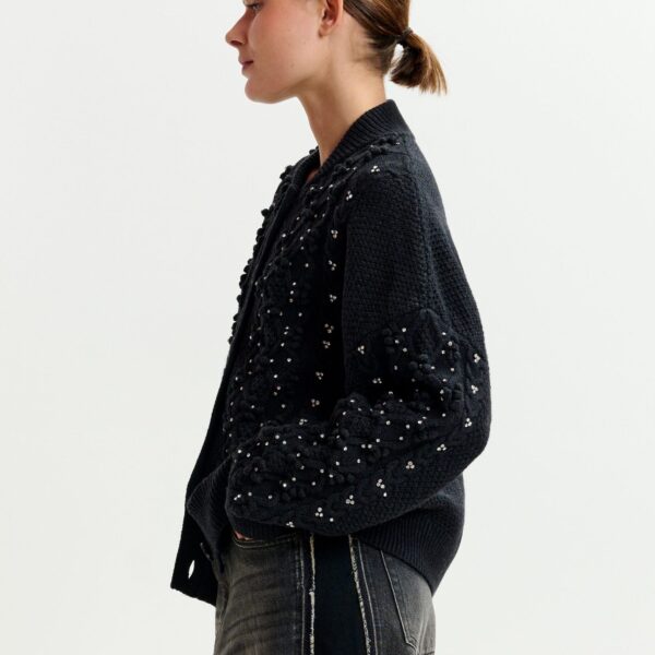 Essentiel Antwerp Black cable-knit wool-blend cardigan with rhinestone embellishments - Essentiel Antwerp Knitwear - Colorful Belgian Design - Shop at Coveti