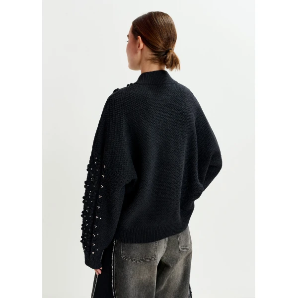 Essentiel Antwerp Black cable-knit wool-blend cardigan with rhinestone embellishments, view 5