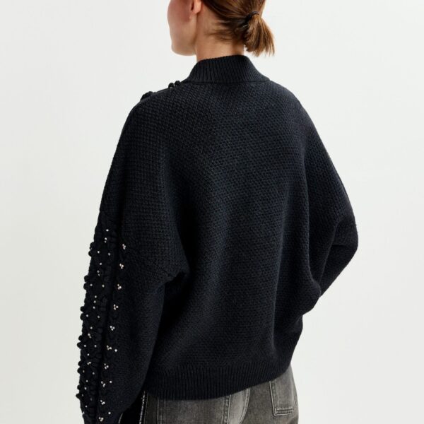 Essentiel Antwerp Black cable-knit wool-blend cardigan with rhinestone embellishments - Essentiel Antwerp Knitwear - Colorful Belgian Design - Shop at Coveti
