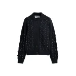 Essentiel Antwerp Black cable-knit wool-blend cardigan with rhinestone embellishments - Essentiel Antwerp Knitwear - Colorful Belgian Design - Shop at Coveti