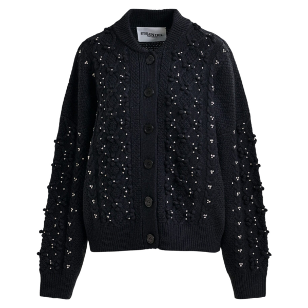 Essentiel Antwerp Black cable-knit wool-blend cardigan with rhinestone embellishments - Essentiel Antwerp Knitwear - Colorful Belgian Design - Shop at Coveti
