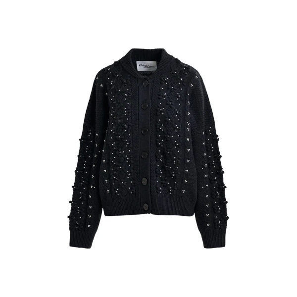 Essentiel Antwerp Black cable-knit wool-blend cardigan with rhinestone embellishments - Essentiel Antwerp Knitwear - Colorful Belgian Design - Shop at Coveti