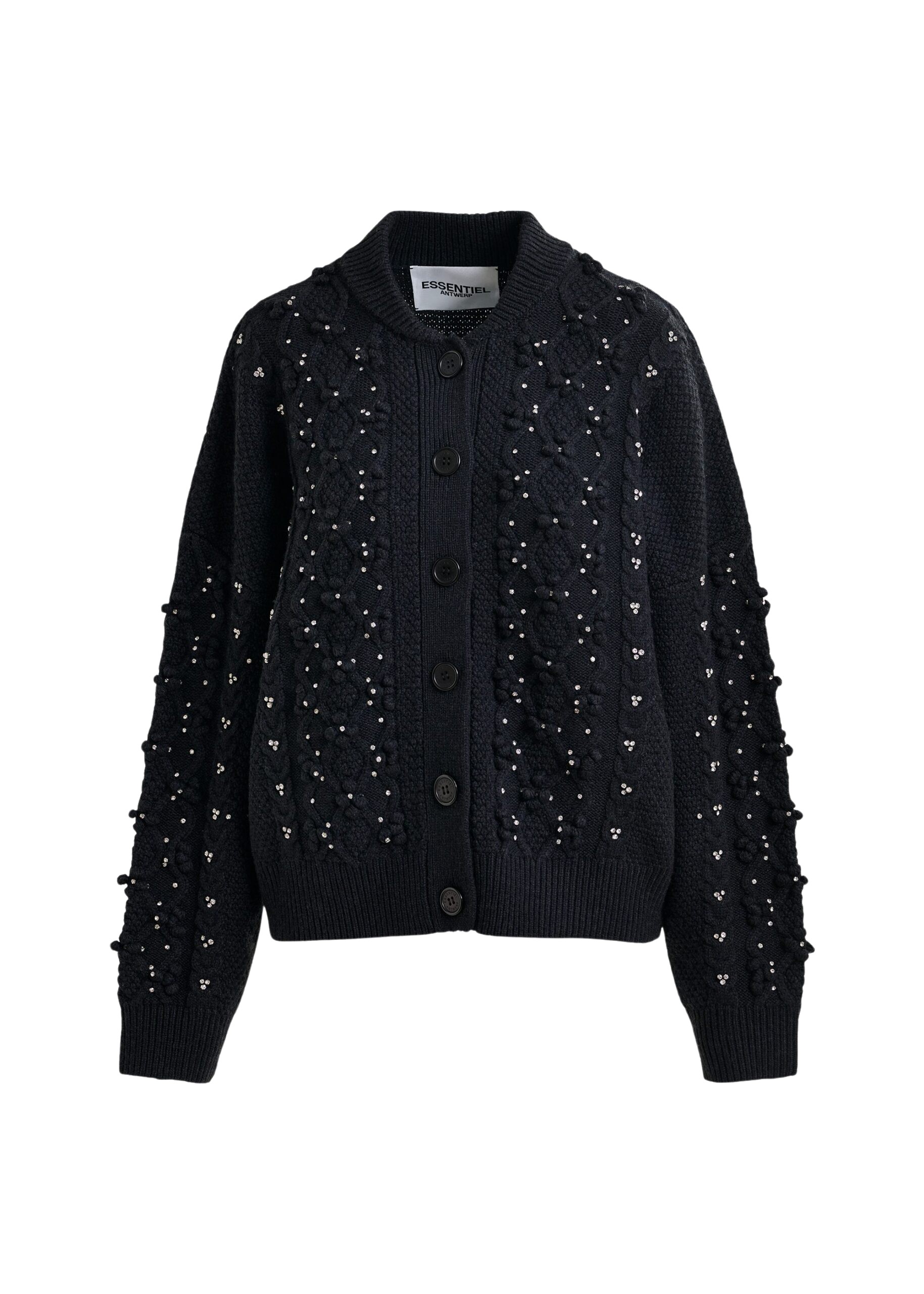 Essentiel Antwerp Black cable-knit wool-blend cardigan with rhinestone embellishments - Essentiel Antwerp Knitwear - Colorful Belgian Design - Shop at Coveti