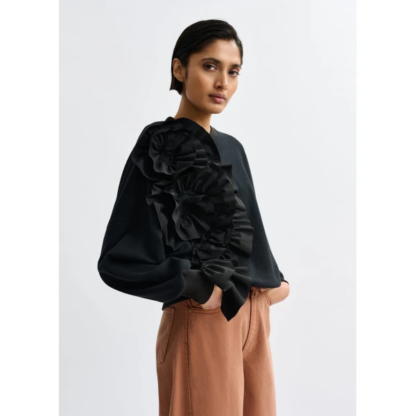 Essentiel Antwerp Black cotton-blend sweatshirt with ruffle details Top, view 2