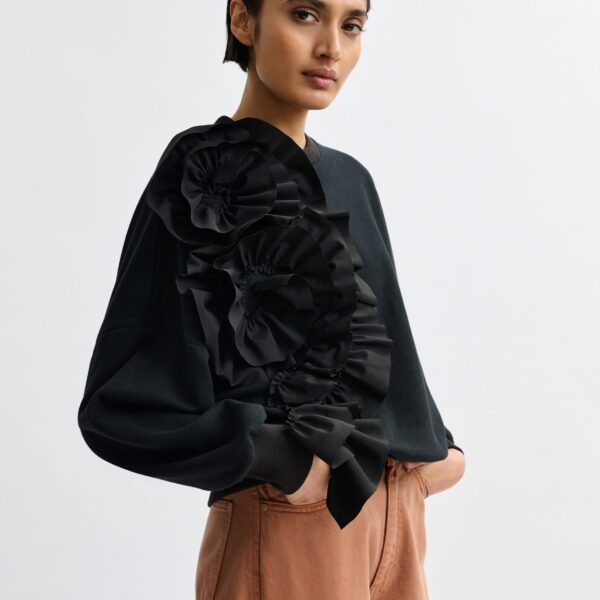 Essentiel Antwerp Black cotton-blend sweatshirt with ruffle details - Essentiel Antwerp Shirts - Colorful Belgian Design - Shop at Coveti