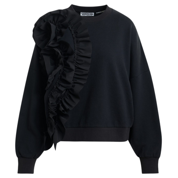 Essentiel Antwerp Black cotton-blend sweatshirt with ruffle details - Essentiel Antwerp Shirts - Colorful Belgian Design - Shop at Coveti